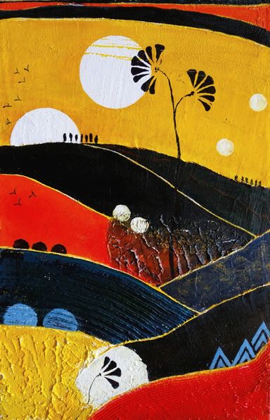 Sanftes, märchenhaftes Landschaftsbild mit surrealen Elementen.